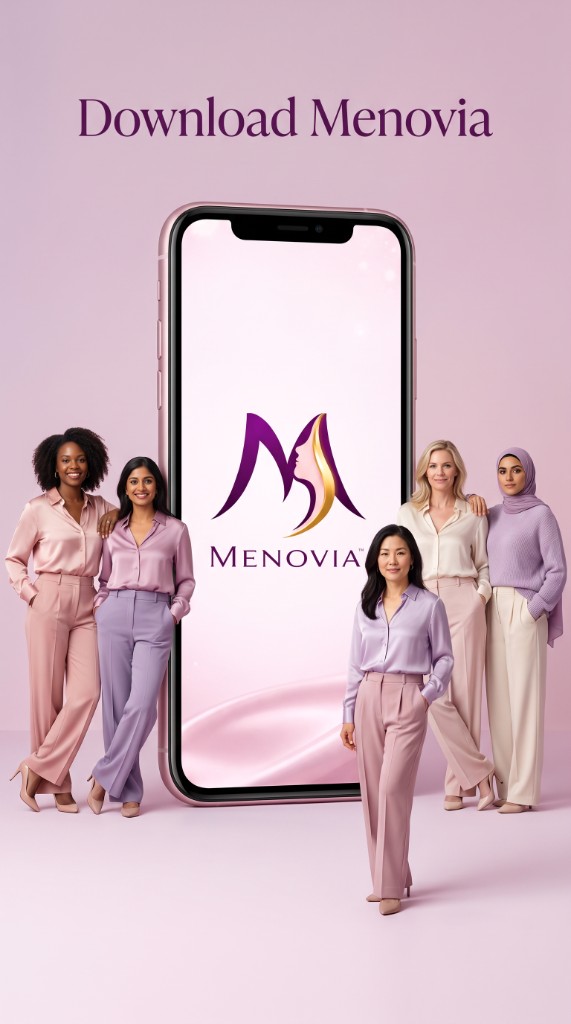 Women of different backgrounds standing beside a phone showing the Menovia app